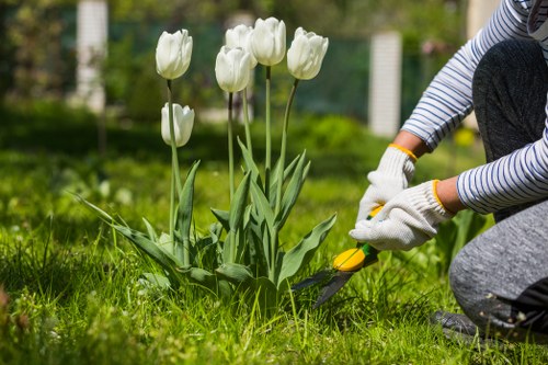Gardener starting work with tools in a residential front garden